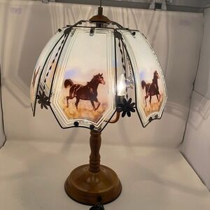 Vtg OK Lighting 3-Light Wild Mustang Horse Table Lamp Glass Panel Shade Western